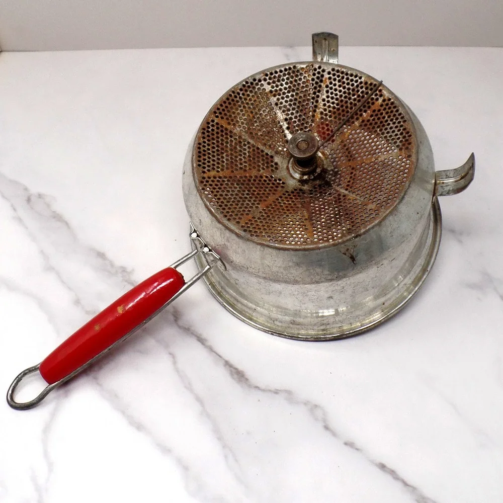 Vintage Foley Food Mill with Red Wood Hand Crank and Knob (1940s)